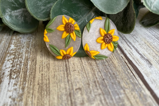 Frosted oval XL studs with sunflowers