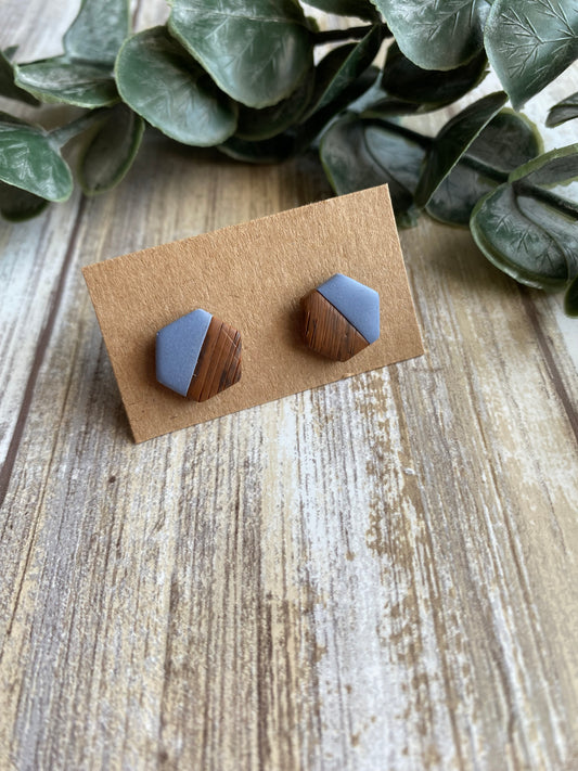 Blue and faux wooden hexagon studs